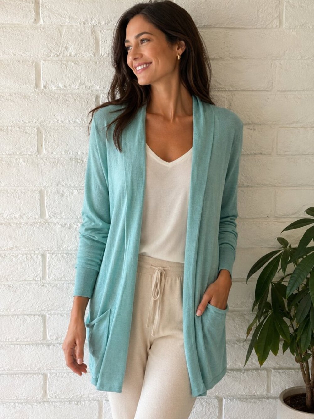 Eileen Fisher Aqua Open-Front Lightweight Merino Wool Cardigan S-28